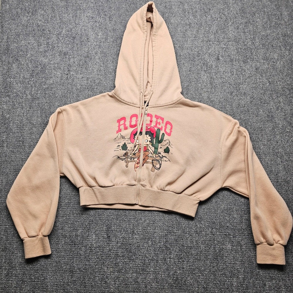 Betty Boop Rodeo Honky Tonk Honey Cropped Zip Up Hoodie Tan Large